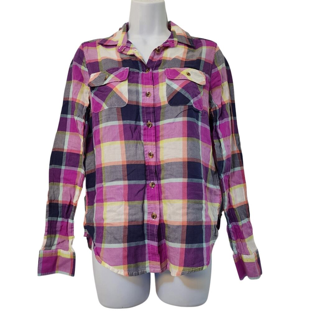 American Eagle Womens Top Size S Purple Plaid Long Sleeve Button Down